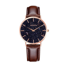 BESSERON 36mm  private label  luxury sky dial sparkle stainless steel black genuine leather strap women wristwatches